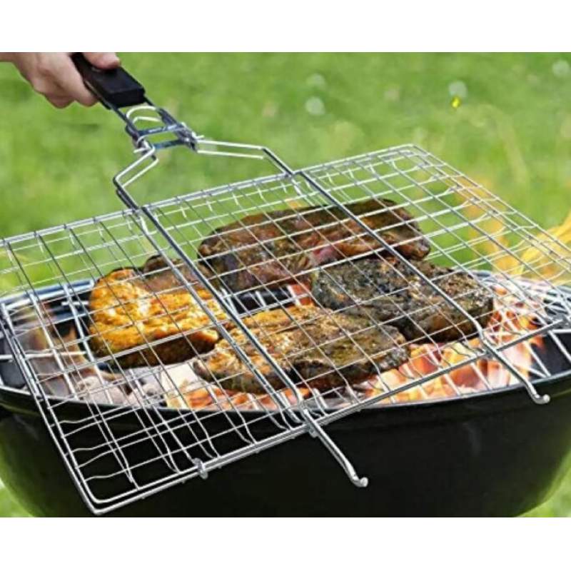 Picture of Portable BBQ Grill Net Basket with Wooden Handle - Large - Silver