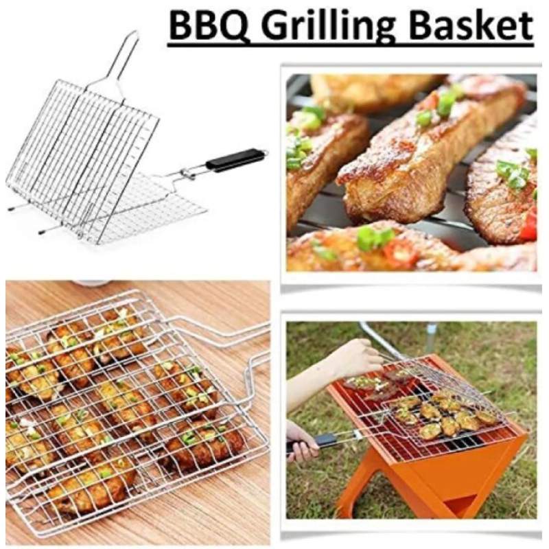 Picture of Portable BBQ Grill Net Basket with Wooden Handle - Large - Silver