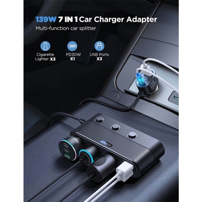 Picture of Joyroom JR-CCL01 139W 7 in 1 Cigarette Lighter Splitter Car Charger-Black