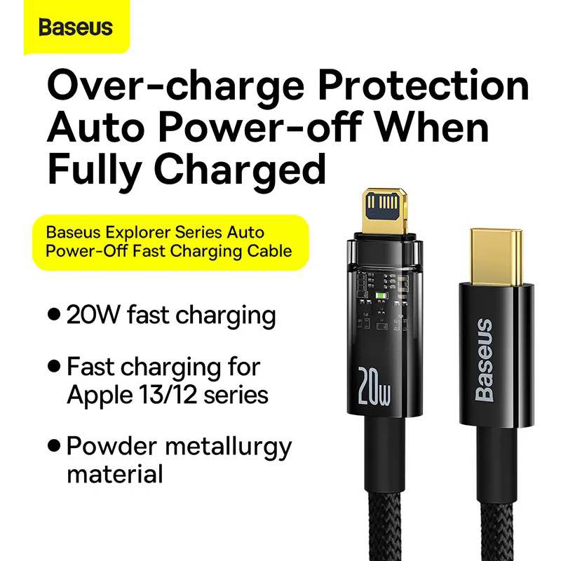 Picture of Baseus 20W Explorer Series Auto Power-Off Type-C to iPhone Fast Charging Data Cable-Black