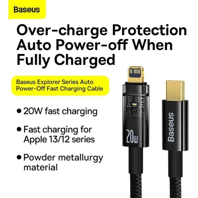 Picture of Baseus 20W Explorer Series Auto Power-Off Type-C to iPhone Fast Charging Data Cable-Black