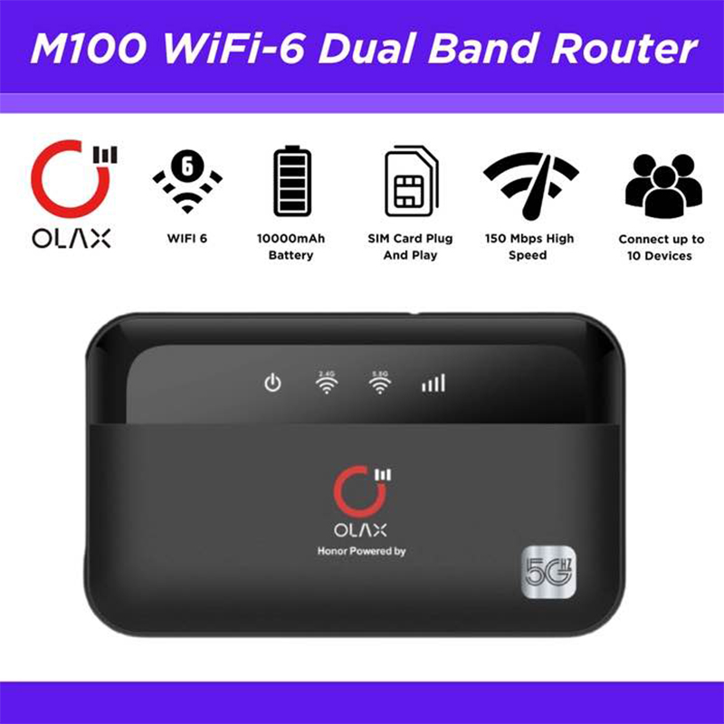 Picture of OLAX M100 Power Bank WiFi Router – 10,000mAh Portable Charger & WiFi 6 4G Router (Dual-Band, SIM Support)-Black