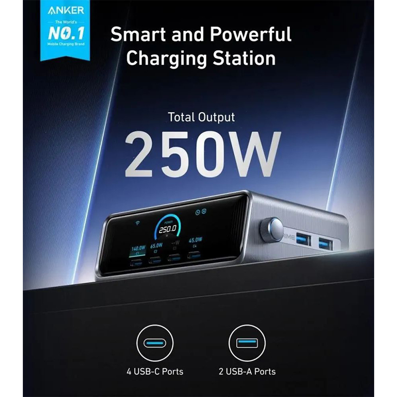 Picture of Anker Prime 250W GaN USB-C Charging Station Ultra-Fast 6-Port with LCD Display & Smart Control (A2345)-Black