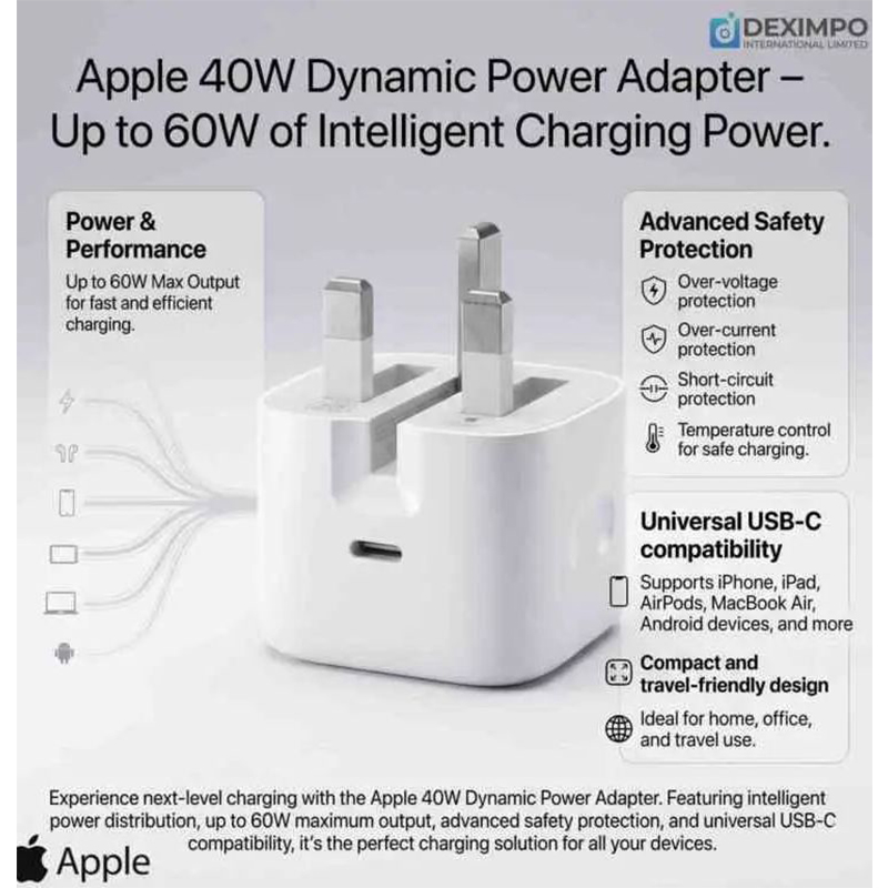 Picture of Apple 40W Dynamic Power Adapter with 60W Max Supported Charger-White