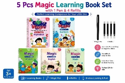 Picture of Magic Learning Book Set – 5 Pcs with 1 Magic Pen & 4 Refills | Pre-School Learning & Handwriting Practice Book