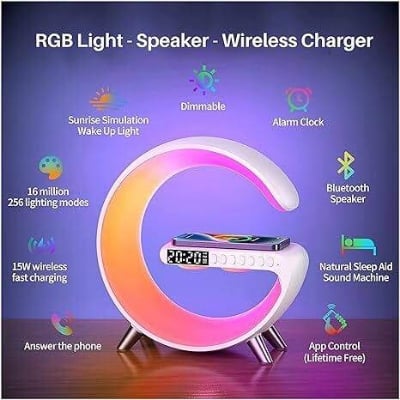 Picture of G63 Speaker Lamp - APP Control 3 in 1 Multi-Function Bluetooth Speaker With Wireless Charging, RGB Light and Alarm Clock - Charger G Lamp with Sunrise Alarm for Bedroom & Bedside table (G Speaker)