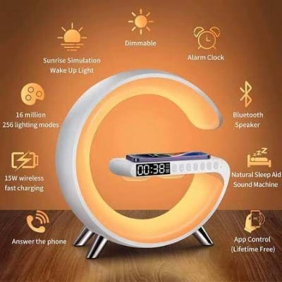 Picture of G63 Speaker Lamp - APP Control 3 in 1 Multi-Function Bluetooth Speaker With Wireless Charging, RGB Light and Alarm Clock - Charger G Lamp with Sunrise Alarm for Bedroom & Bedside table (G Speaker)