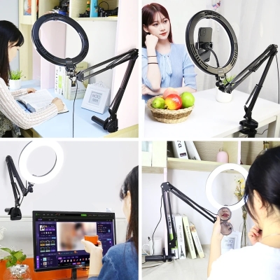 Picture of Overhead Video Stand with 10-inch Ring Light and Phone Holder for Drawing, Cooking, Facebook, and YouTube Live-Black