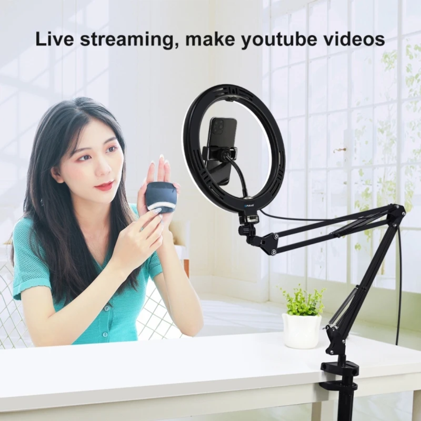 Picture of Overhead Video Stand with 10-inch Ring Light and Phone Holder for Drawing, Cooking, Facebook, and YouTube Live-Black