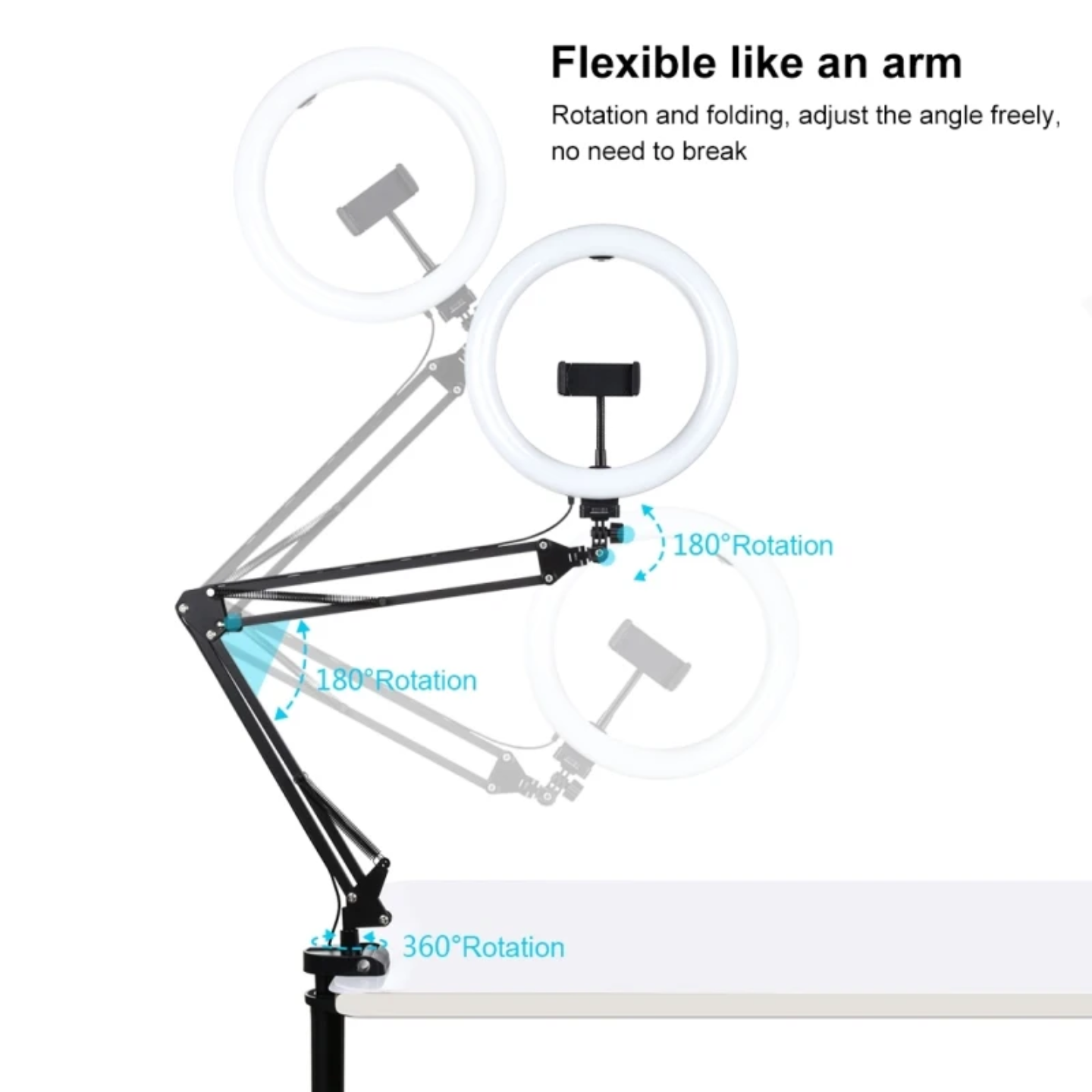 Picture of Overhead Video Stand with 10-inch Ring Light and Phone Holder for Drawing, Cooking, Facebook, and YouTube Live-Black