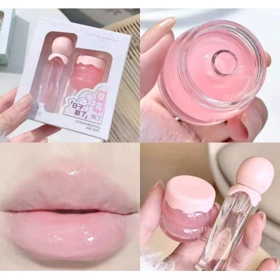 Picture of LEE INTO Strawberry Lightweight Lips Set Clear Glass Moisturizing Lip Balm Transparent Lip Oil Hydrating Jelly Day & Night Lip Mask Settle