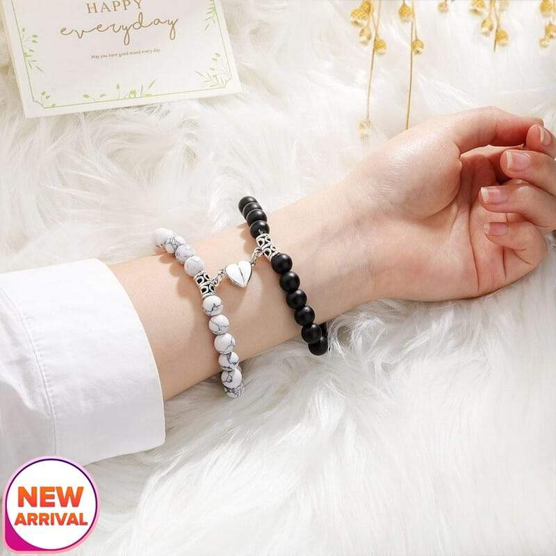 Picture of Magnetic Heart Bracelets for Couples (2 Piece) | Small Rubber Band Magnet Stone Bell Bracelet with Knotted Head Rope-L
