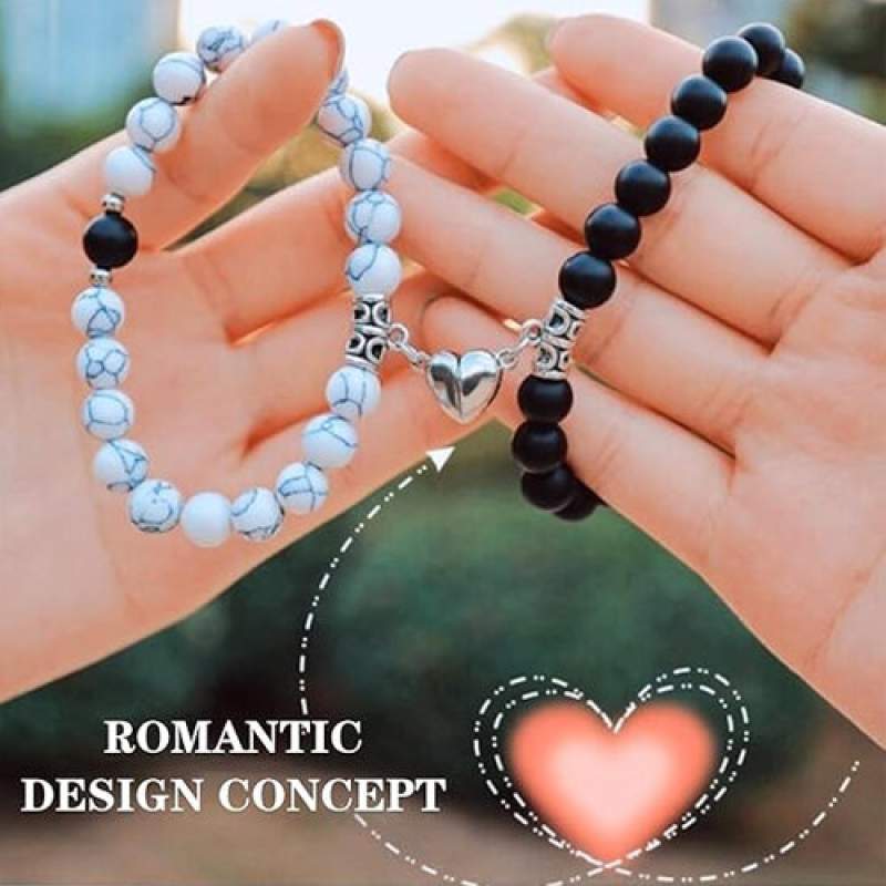 Picture of Magnetic Heart Bracelets for Couples (2 Piece) | Small Rubber Band Magnet Stone Bell Bracelet with Knotted Head Rope-L
