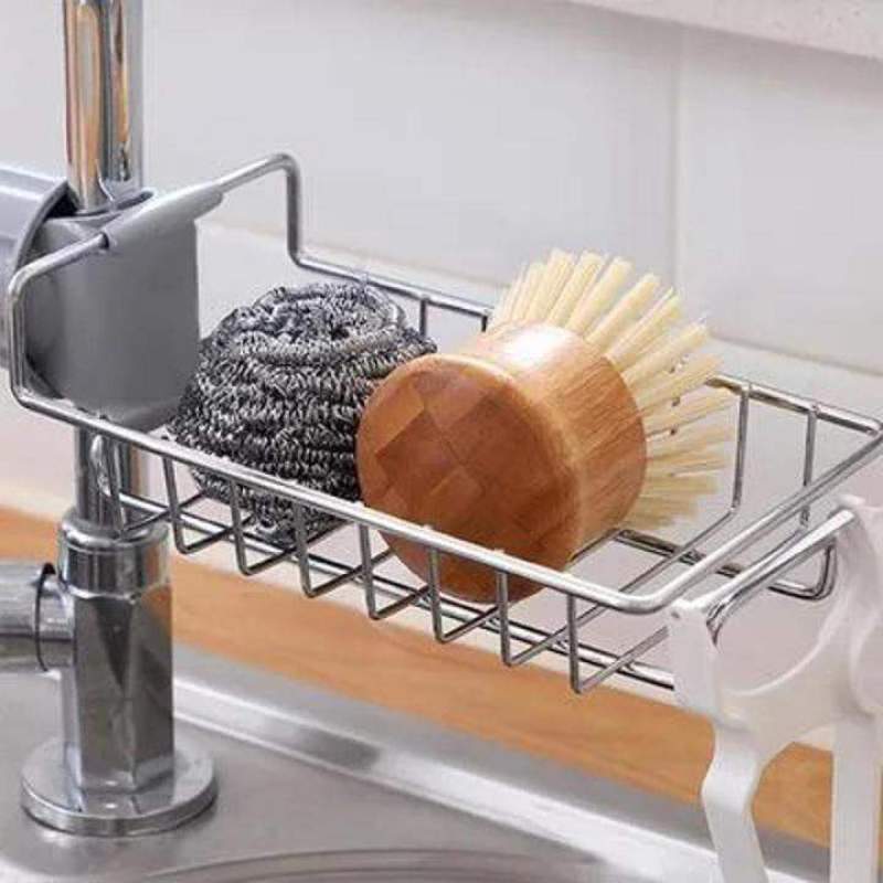 Picture of Faucet Sink Rack Rag Drain Storage Rack Household Kitchen Toilet Bathroom Organizer Punch Free Sink Storage Rack Stainless Steel Drain Rack Sponge Soap Cloth Storage Holder Shelf-Silver