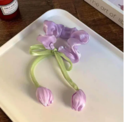 Tulip Hair Scrunchies Band🌷Trendy Cute Floral Hair band, pink purple white flower hair band, clip, accessories, vintage rubber band for women , girls hair tie