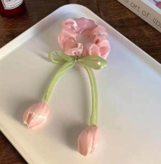 Tulip Hair Scrunchies Band🌷Trendy Cute Floral Hair band, pink purple white flower hair band, clip, accessories, vintage rubber band for women , girls hair tie