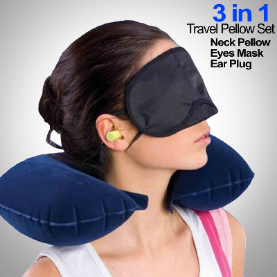 3in1 Travel Selection Travel Set - Comfortable Neck Pillow, Eye Shade Mask, Ear Plugs