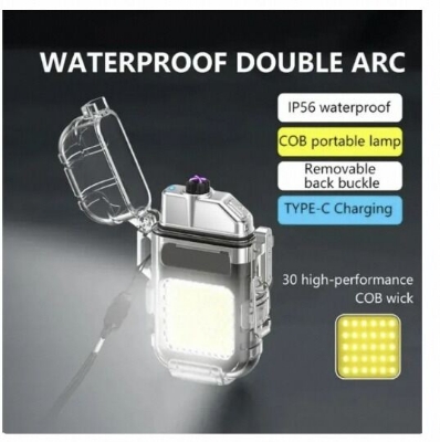 Picture of Dual Arc Plasma Lighter with COB LED Flashlight – USB Rechargeable Windproof Waterproof Keychain Lighter – Portable Flameless Electric Lighter with 3 Light Modes for Camping Hiking