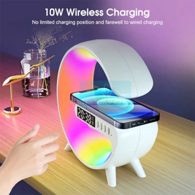 Picture of G63 4 In 1 Bluetooth Speaker 10W Multifunctional Wireless Charger LED Atmosphere RGB Night Light Alarm Clock Desk Lamp Bluetooth Speaker Wireless Charging Modern Speaker-White