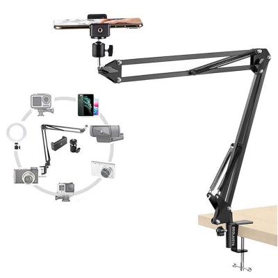 Picture of Overhead Video Stand Phone Holder Articulating Arm Tab Mount Boom Arm Articulating Tablet Phone Holder for Streaming Phone Baking Crafting-Black