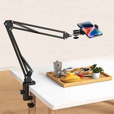 Picture of Overhead Video Stand Phone Holder Articulating Arm Tab Mount Boom Arm Articulating Tablet Phone Holder for Streaming Phone Baking Crafting-Black