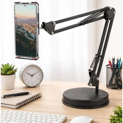 Picture of Overhead Phone Mount Stand ChromLives Phone Video Stand Articulating Arm Phone Mount Table Top with Base Adjustable 360° Cell Phone Tablet Holder Mount Desktop Compatible with Phones, Tablets, iPad-Black