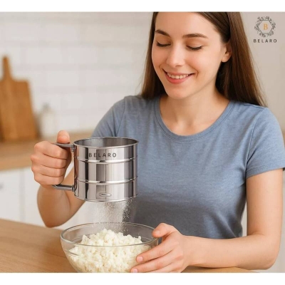 Picture of Flour Sifter, Stainless Steel Baking Sieve, Double Layer Fine Mesh Flour Sifter with One-Hand Press Crank, Powder Sugar Shaker & Cake Baking Duster