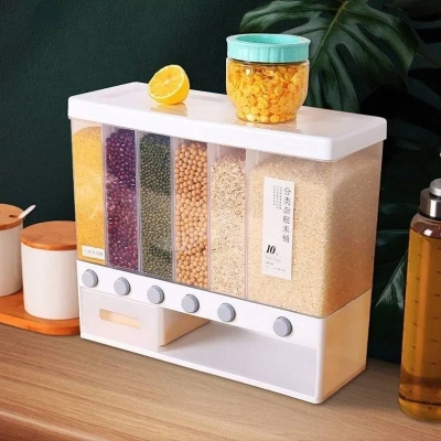 Picture of 6-in-1 Wall Mount Kitchen Spice Containers, Dry Food Dispenser, Rice & Grain Dispenser, Space Saving Kitchen Storage Organizer