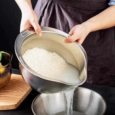 Picture of Stainless Steel Rice Washer Strainer Bowl, Rice Washing Bowl, Rice Sieve Colander, Fruit & Vegetable Strainer Kitchen Tool