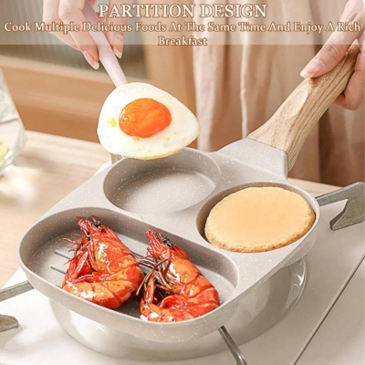 Picture of Breakfast Frying Pan, Non-Stick Egg Frying Pan, 3-in-1 Multi-Section Cooking Pan for Eggs, Pancakes & Breakfast Food