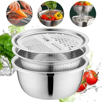 Picture of Stainless Steel 3-in-1 Vegetable Cutter & Drain Basket, Multi-Functional Basin Vegetable Slicer, Strainer & Washing Basket