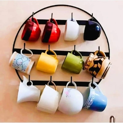 Picture of Coffee Mug Holder Wall Mounted Circular Metal Cup Storage Rack with Hanging Hooks, Kitchen Organizer for Mugs & Cups