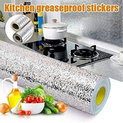 Picture of Kitchen Oil Resistant Sticker Silver, Aluminum Foil Waterproof & Heat Resistant Self-Adhesive Wall Sticker for Kitchen Stove, Oil & Grease Protection