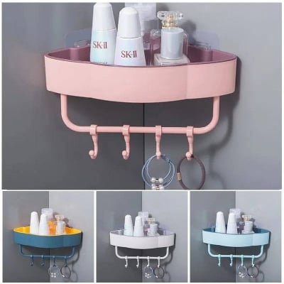 Picture of 1-Piece Bathroom Corner Shelf with 4 Hooks, Wall-Mounted Kitchen & Bathroom Triangle Storage Rack - Dream-Cart-BD