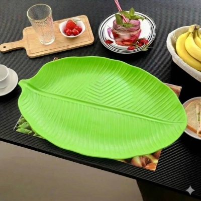 Picture of Banana Leaf Plastic Serving Plate, Reusable Green Banana Leaf Shape Dining Plate for Kitchen & Parties - Dream-Cart-BD