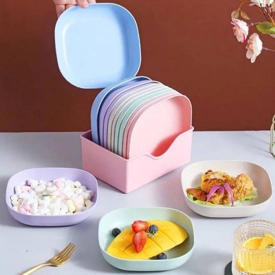 Picture of 10-Piece Square Plastic Dinner Plates Set, Colorful Snack & Breakfast Plates with Plate Stand - Dream-Cart-BD