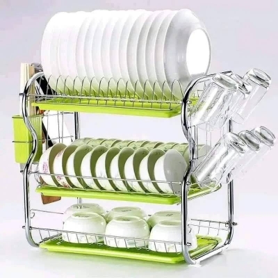 Picture of B-Shape 3-Tier Stainless Steel Dish Drainer Rack, Kitchen Dish Drying Rack with Cutlery Holder & Tray - Dream-Cart-BD