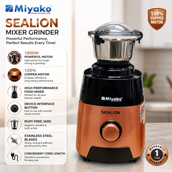 Picture of Miyako Sealion Mixer Grinder 1800W – Heavy Duty 100% Copper Motor | 20000 RPM | Stainless Steel