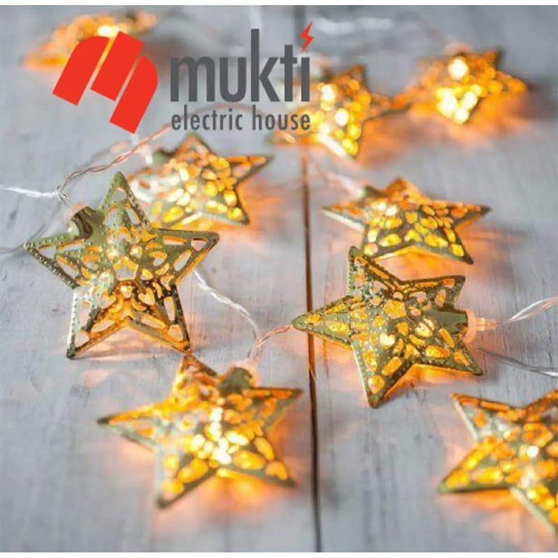 Picture of Golden Colored Metal Star Warm Led Lights Fairy Decorative Set Colour String Lamp For Festival Home Decoration Wedding Party Eid Christmas Room Curtain Xmas Bedroom - Light Decoration - Fairy Lights-Gold