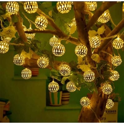 Picture of ডেকোরেটিভ মরোক্কান 20 গোল্ডেন মেটাল বল led গ্লোব স্ট্রিং লাইট, স্নো বল হোম ডেকোরেটিভ লাইট - fairy lights for room decoration-Gold