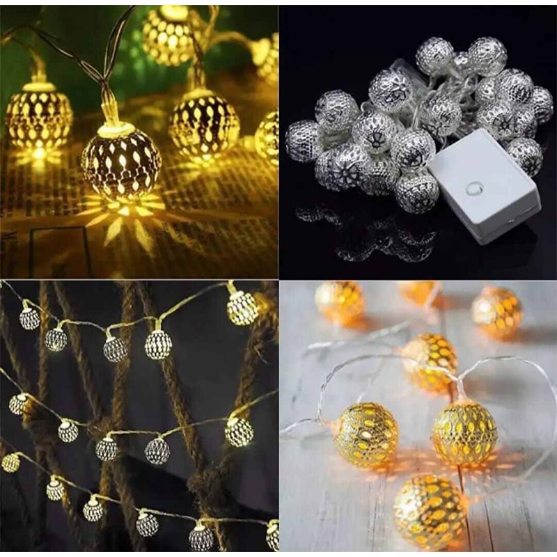 Picture of ডেকোরেটিভ মরোক্কান 20 গোল্ডেন মেটাল বল led গ্লোব স্ট্রিং লাইট, স্নো বল হোম ডেকোরেটিভ লাইট - fairy lights for room decoration-Gold