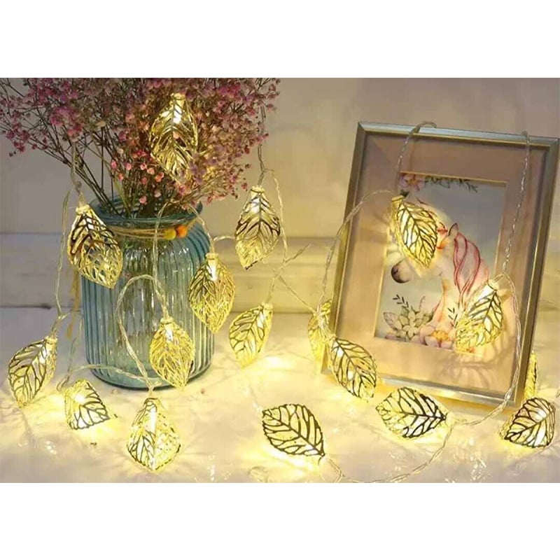 Picture of Metal 3d leaf shape golden color Fairy light current driven pieces set-MHN - light decoration-Gold