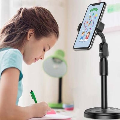Picture of Desktop Mobile Phone Holder Height Adjustable Stand & 360° Rotatable for Live Streaming Shoot YouTube TikTok Video and Multipurpose Round Base Smartphone Mobile Stand- Black - Black