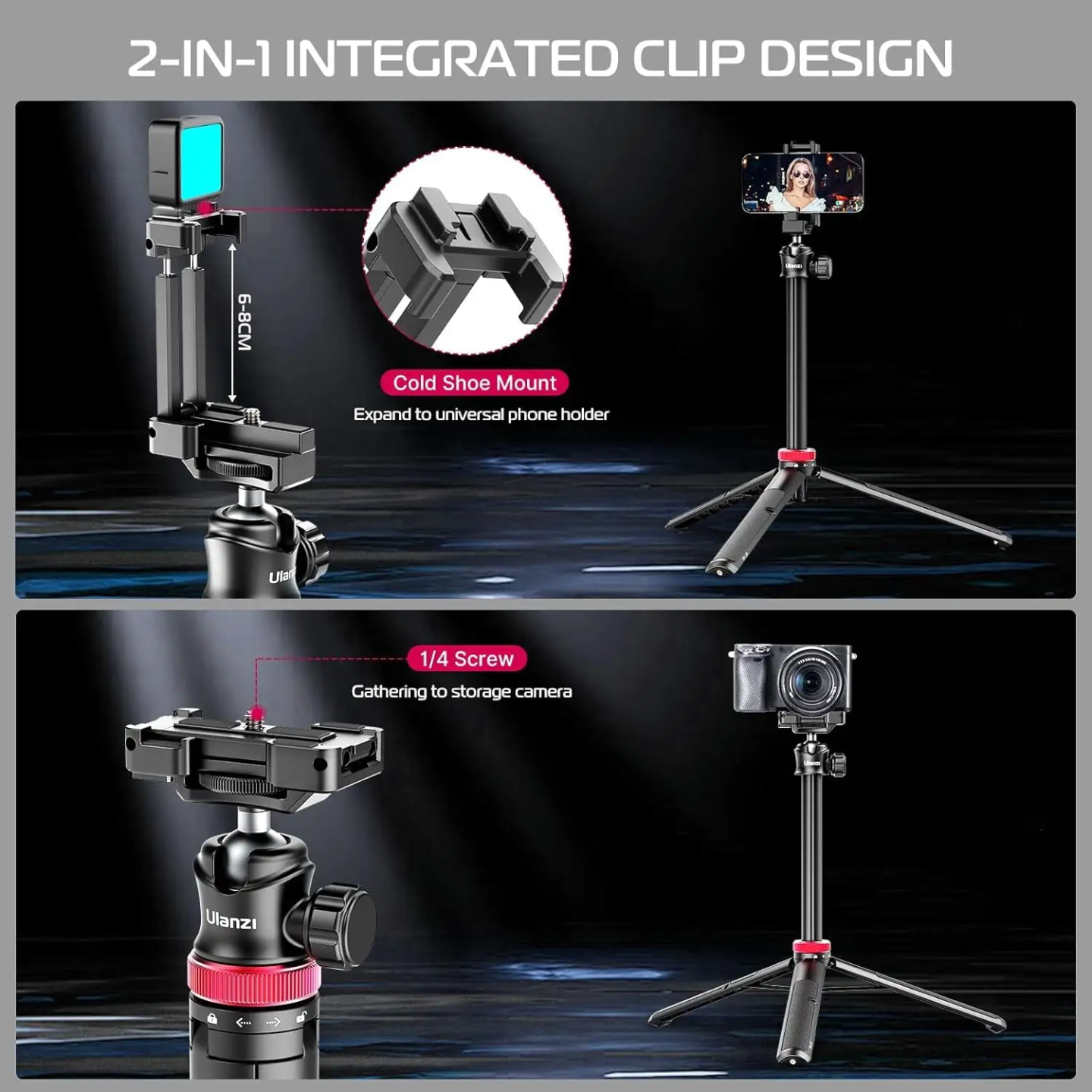 Picture of ULANZI MT-44 Extendable Phone Tripod 44" Selfie Stick Vlog Stand with 2 in 1 Phone Clip 360° Ball Head Camera-Tripod for Phone - Black