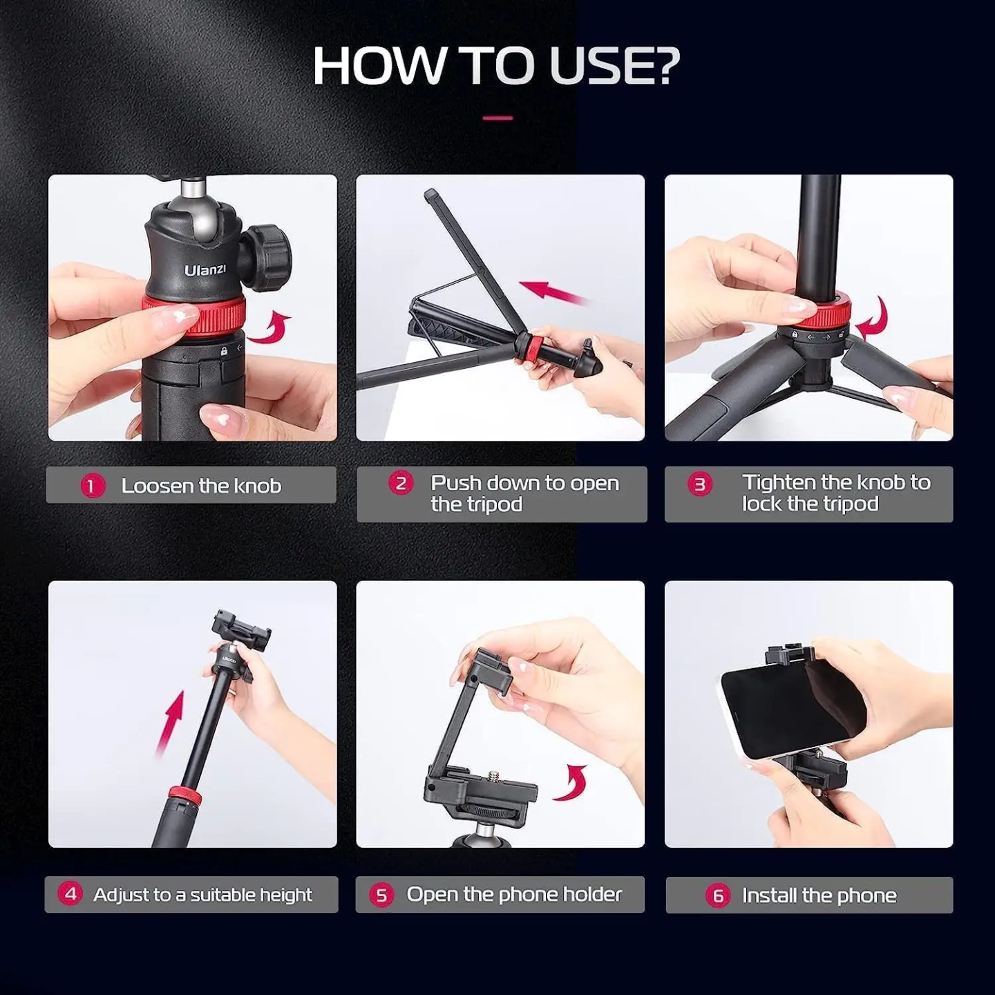 Picture of ULANZI MT-44 Extendable Phone Tripod 44" Selfie Stick Vlog Stand with 2 in 1 Phone Clip 360° Ball Head Camera-Tripod for Phone - Black