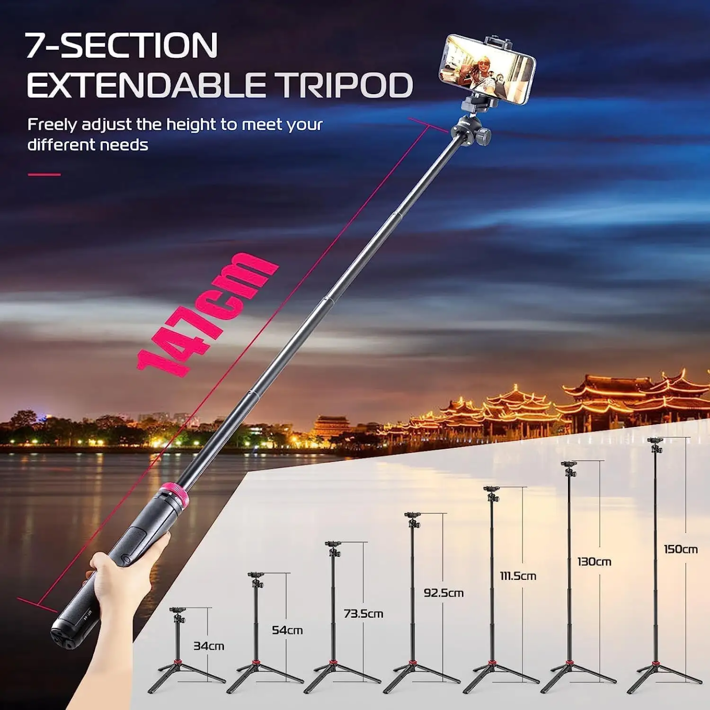 Picture of ULANZI MT-44 Extendable Phone Tripod 44" Selfie Stick Vlog Stand with 2 in 1 Phone Clip 360° Ball Head Camera-Tripod for Phone - Black