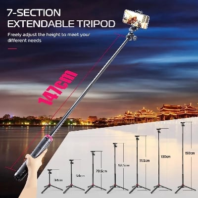 Picture of ULANZI MT-44 Extendable Phone Tripod 44" Selfie Stick Vlog Stand with 2 in 1 Phone Clip 360° Ball Head Camera-Tripod for Phone - Black