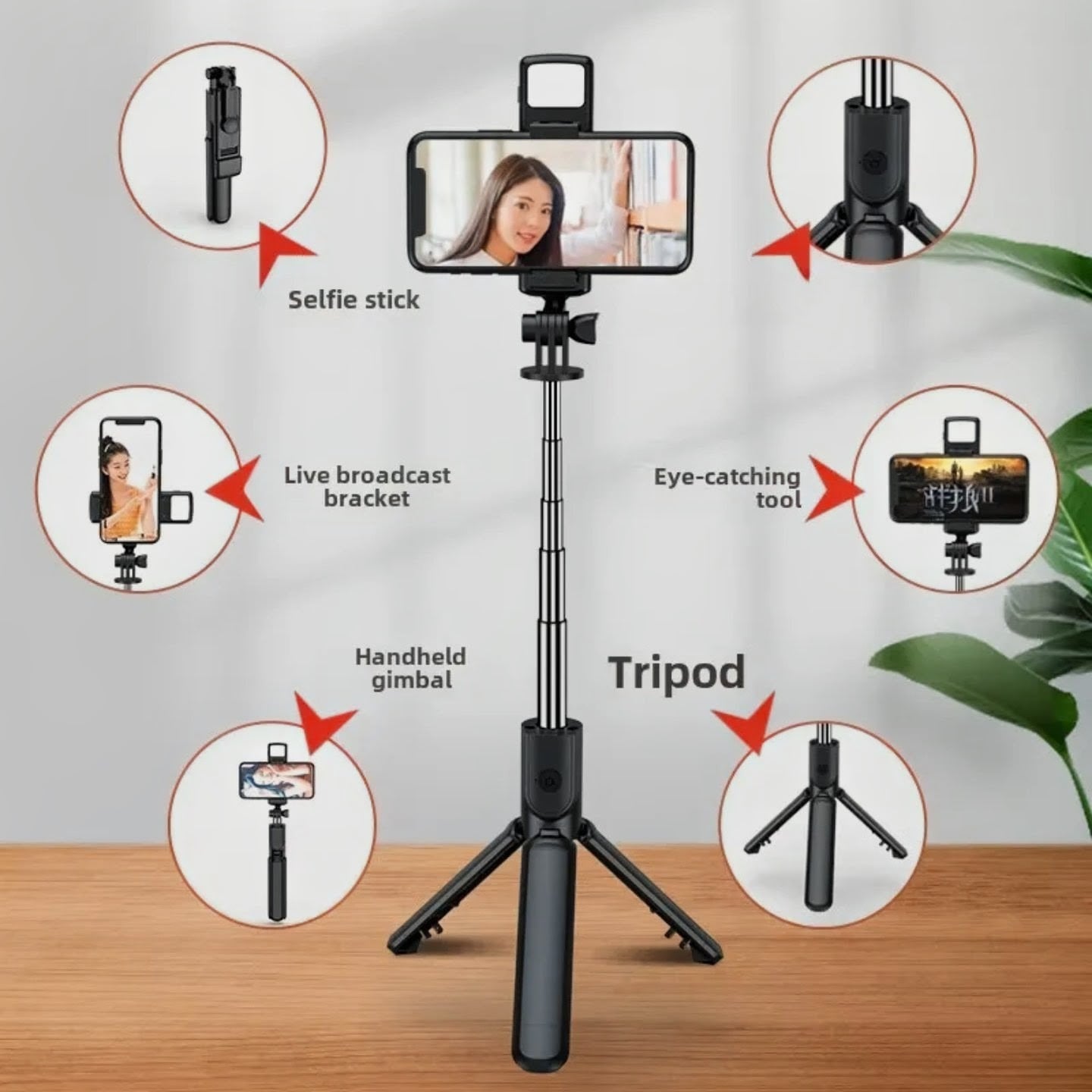 Picture of Portable Mini Q07 Selfie Stick with Integrated Telescopic Fill Light for Bluetooth Mobile Phone Stand Landing Tripod - Black