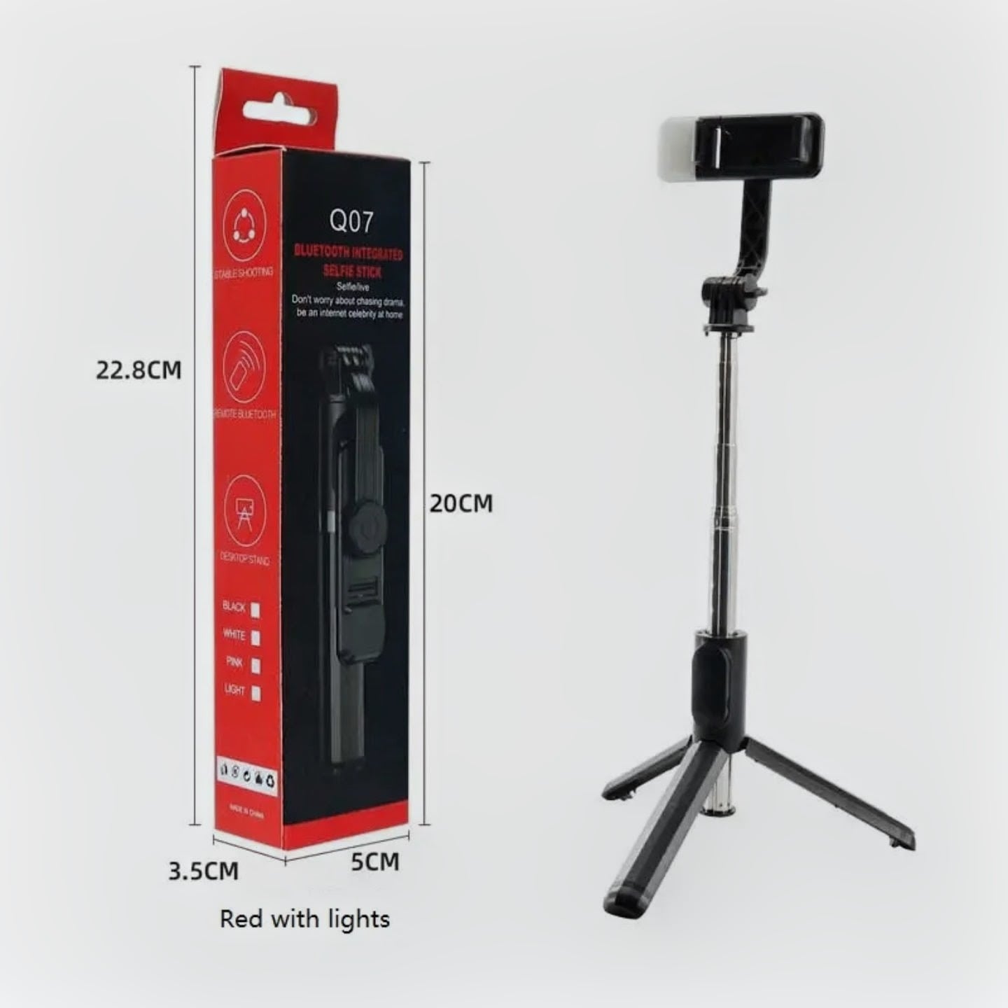 Picture of Portable Mini Q07 Selfie Stick with Integrated Telescopic Fill Light for Bluetooth Mobile Phone Stand Landing Tripod - Black