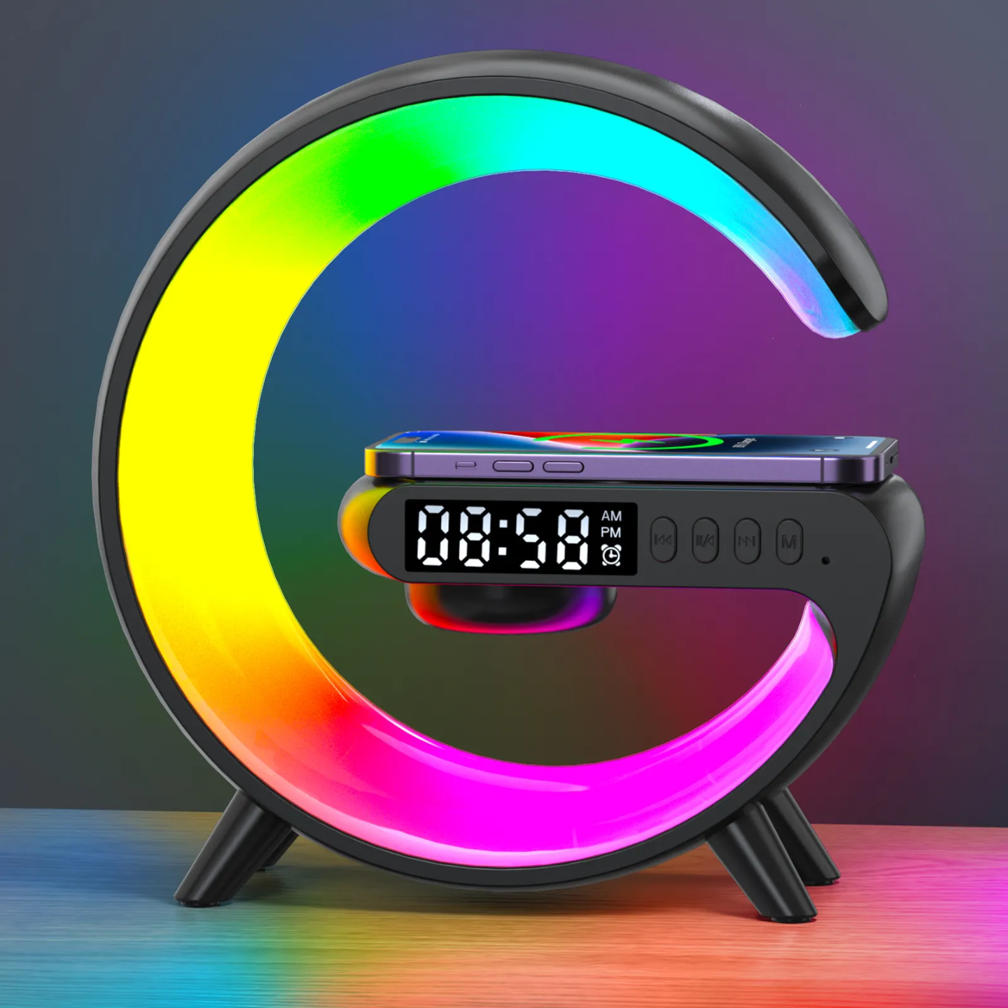 Picture of G63 Speaker Lamp - APP Control 3 in 1 Multi-Function Bluetooth Speaker With Wireless Charging, RGB Light and Alarm Clock - Charger G Lamp with Sunrise Alarm for Bedroom & Bedside Table